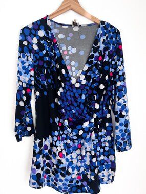 Anne Klein 1X Blue Purple Dot Wrap Buckle Front Tunic Top